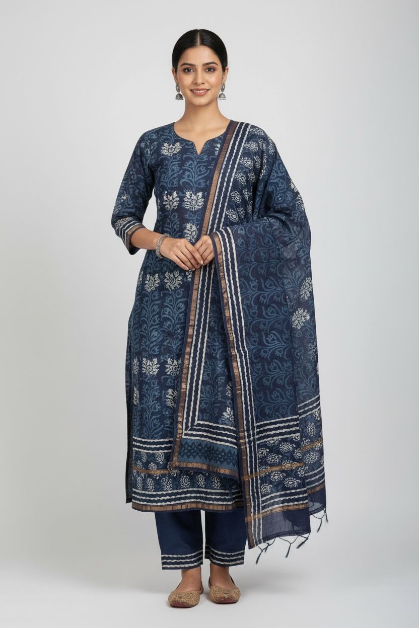 (Indigo Blue / Deep Navy)Hand Block Printed Chanderi Silk Suit 3 Piece Set – Fabric Only (Unstitched)
