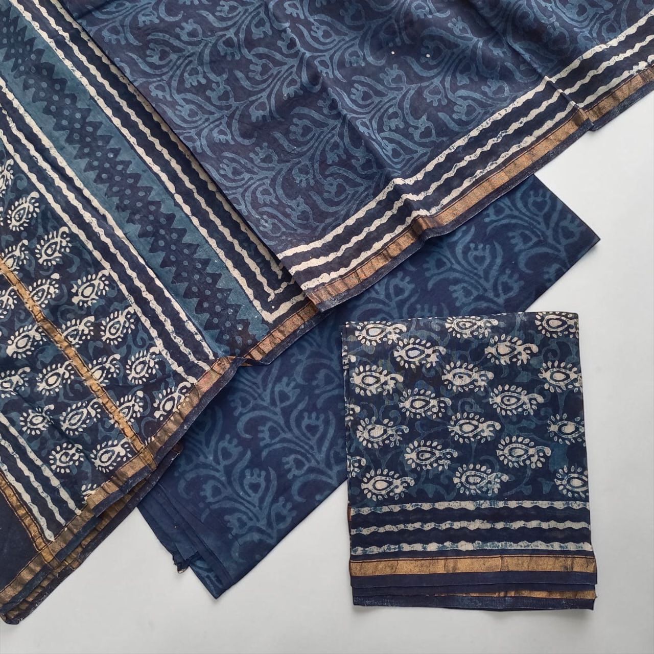 (Indigo Blue / Deep Navy)Hand Block Printed Chanderi Silk Suit 3 Piece Set – Fabric Only (Unstitched)