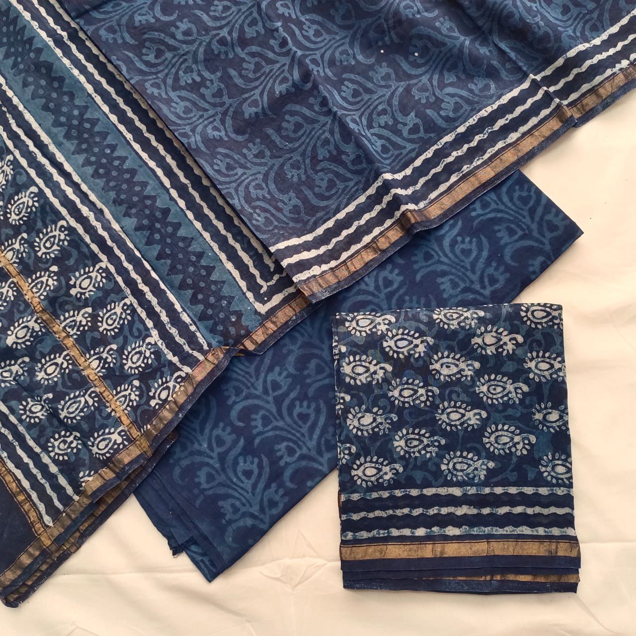 (Indigo Blue / Deep Navy)Hand Block Printed Chanderi Silk Suit 3 Piece Set – Fabric Only (Unstitched)
