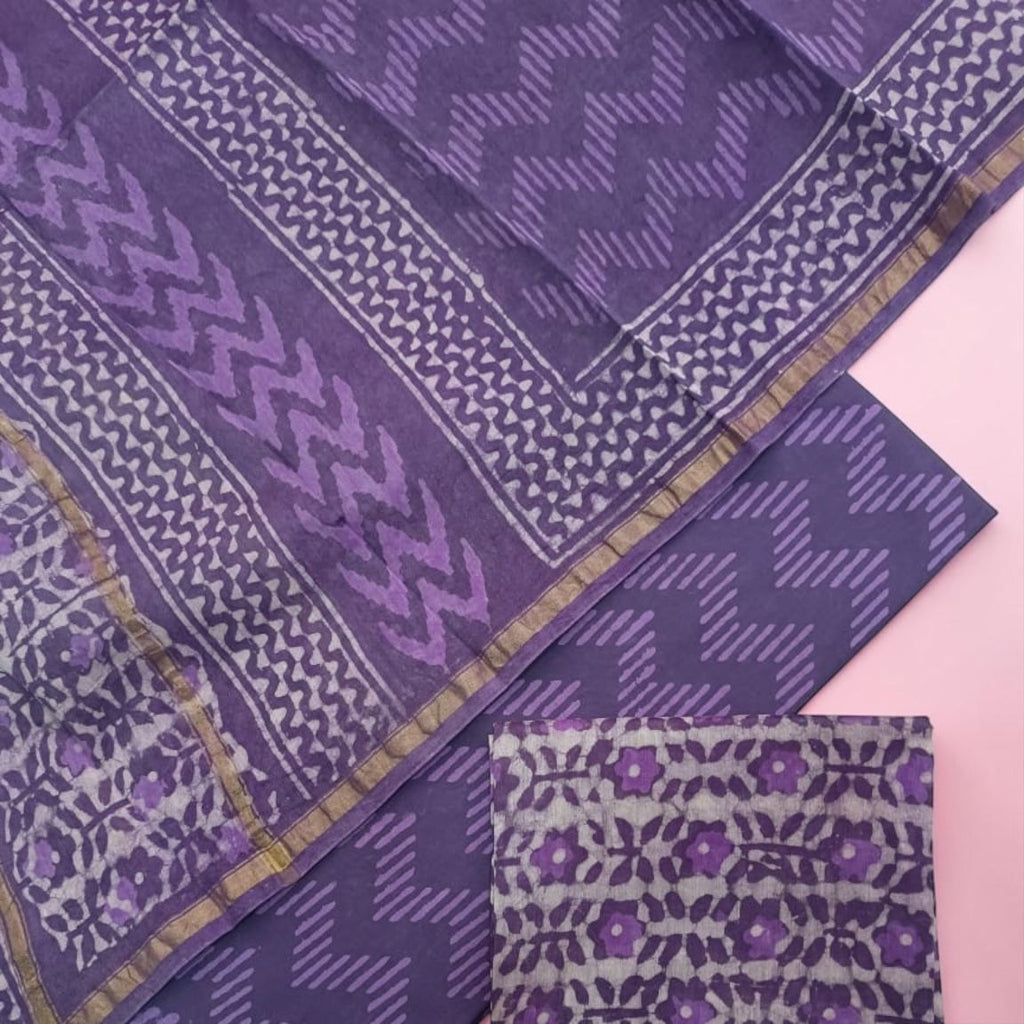 (Royal Purple / Deep Lavender)Hand Block Printed Chanderi Silk Suit 3 Piece Set – Fabric Only (Unstitched)