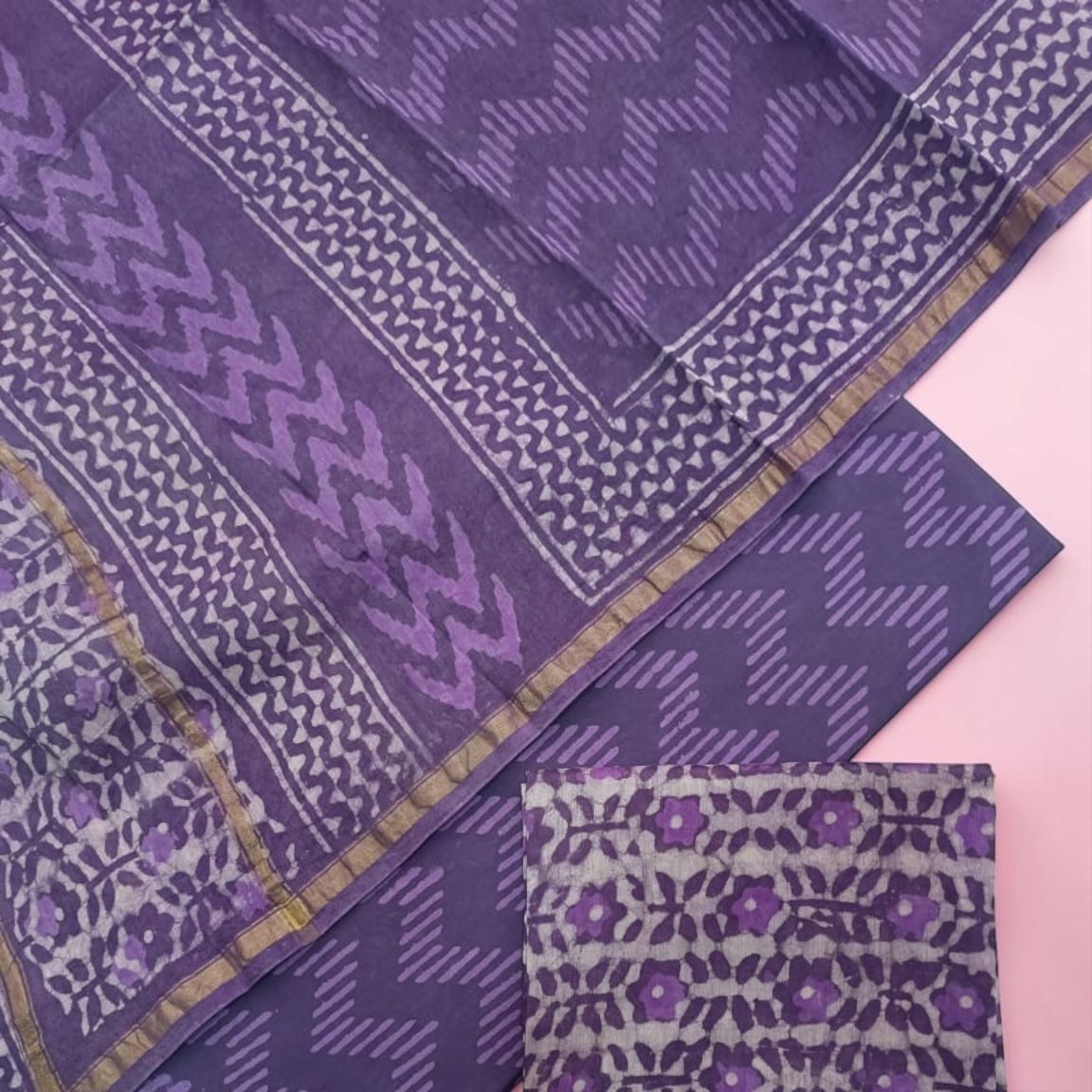 (Royal Purple / Deep Lavender)Hand Block Printed Chanderi Silk Suit 3 Piece Set – Fabric Only (Unstitched)
