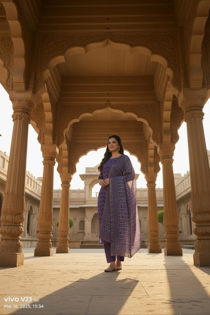 (Royal Purple / Deep Lavender)Hand Block Printed Chanderi Silk Suit 3 Piece Set – Fabric Only (Unstitched)