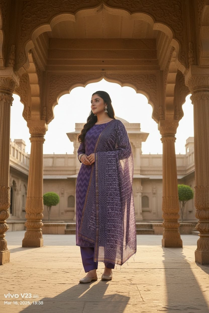 (Royal Purple / Deep Lavender)Hand Block Printed Chanderi Silk Suit 3 Piece Set – Fabric Only (Unstitched)