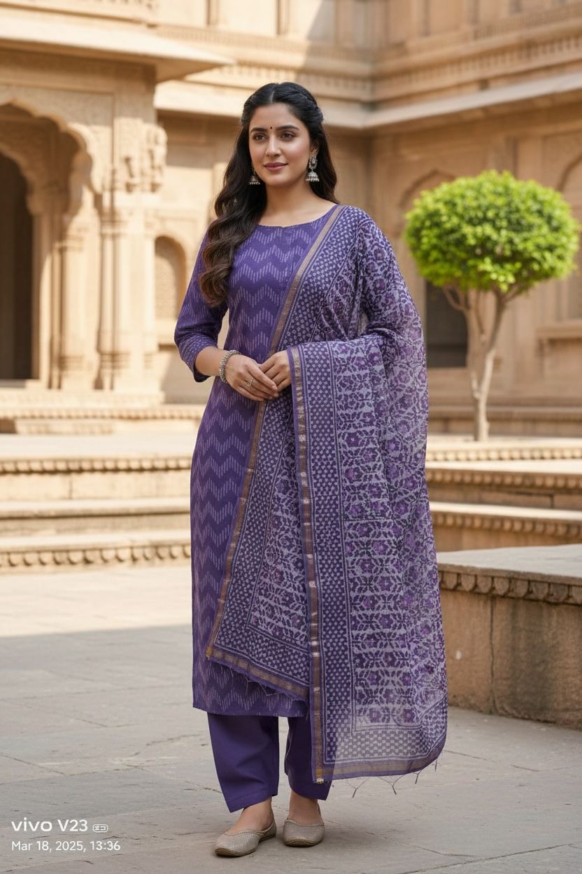 (Royal Purple / Deep Lavender)Hand Block Printed Chanderi Silk Suit 3 Piece Set – Fabric Only (Unstitched)