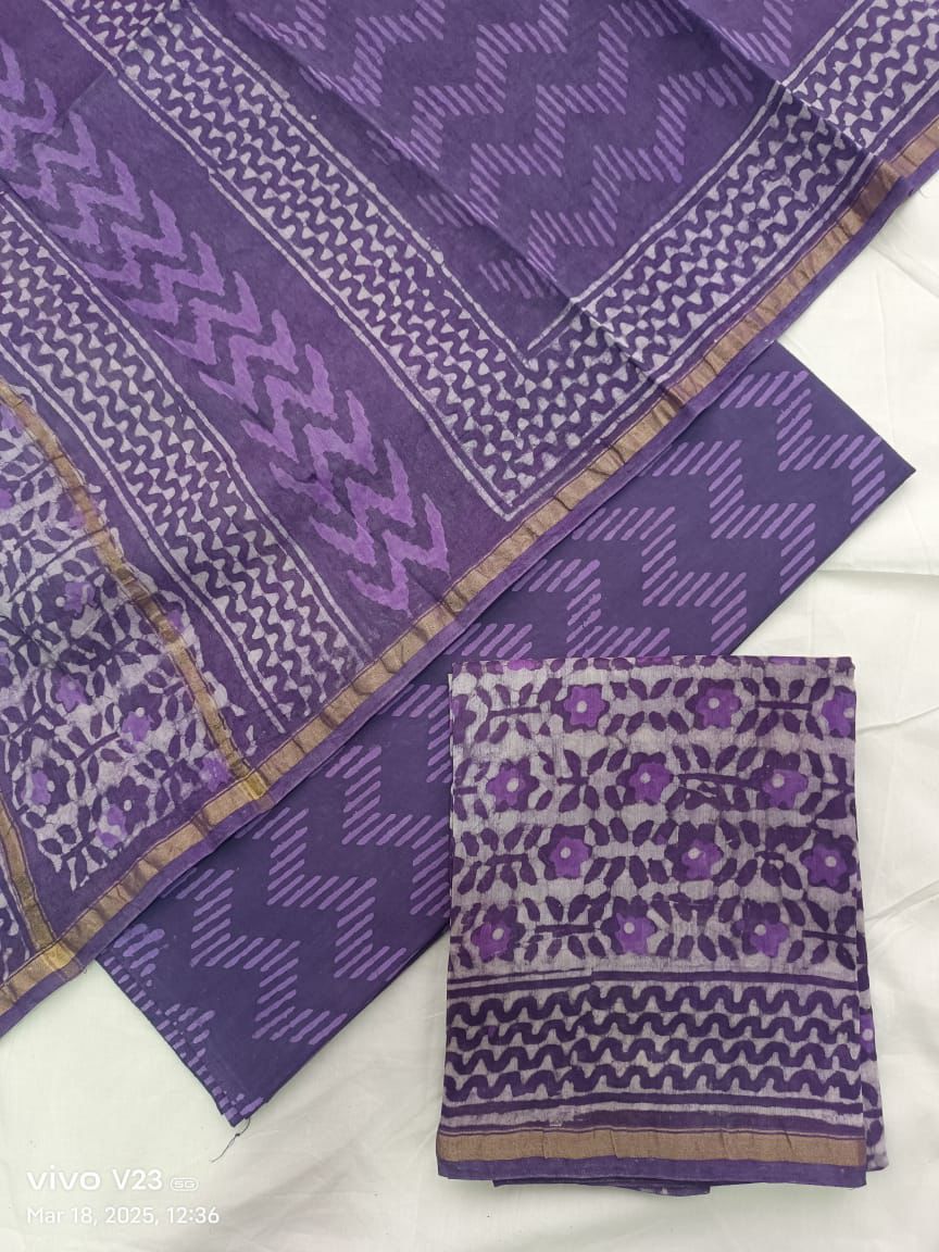 (Royal Purple / Deep Lavender)Hand Block Printed Chanderi Silk Suit 3 Piece Set – Fabric Only (Unstitched)