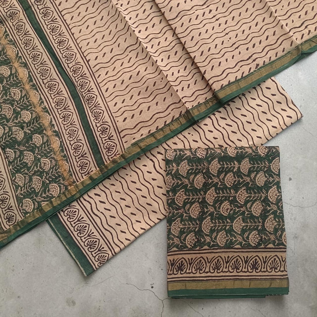 Soft beige / natural ivory-Hand Block Printed Chanderi Silk Suit Fabric (3‑Piece Set)