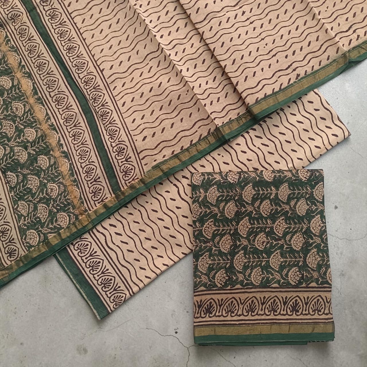 Soft beige / natural ivory-Hand Block Printed Chanderi Silk Suit Fabric (3‑Piece Set)