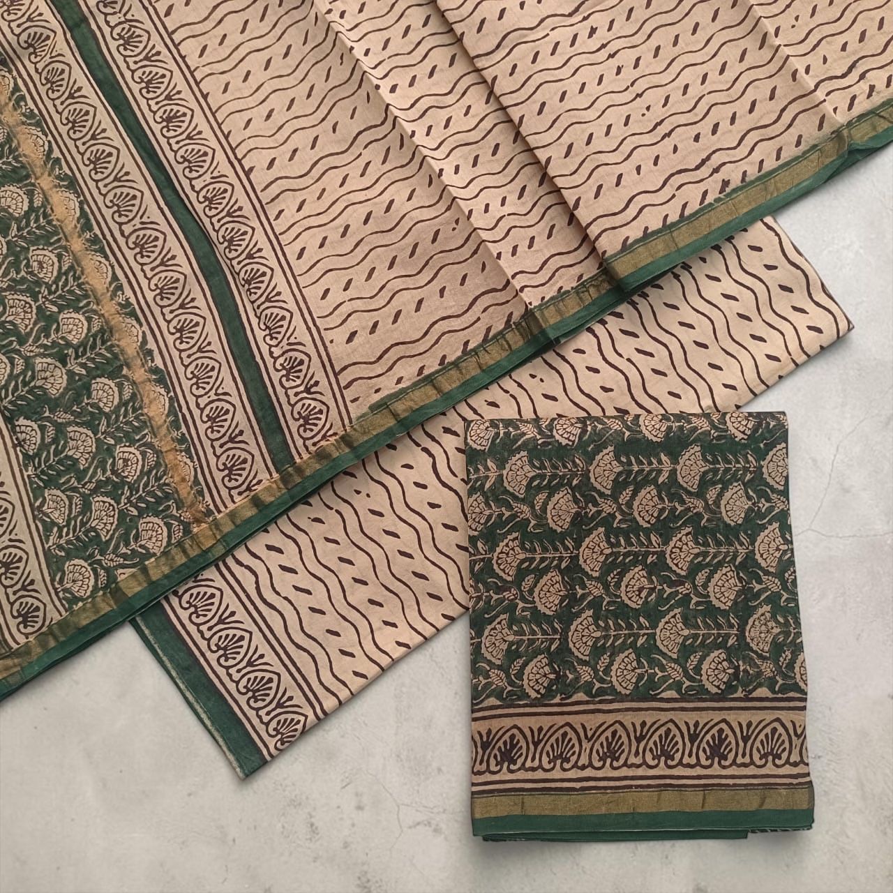 Soft beige / natural ivory-Hand Block Printed Chanderi Silk Suit Fabric (3‑Piece Set)