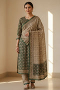 Soft beige / natural ivory-Hand Block Printed Chanderi Silk Suit Fabric (3‑Piece Set)