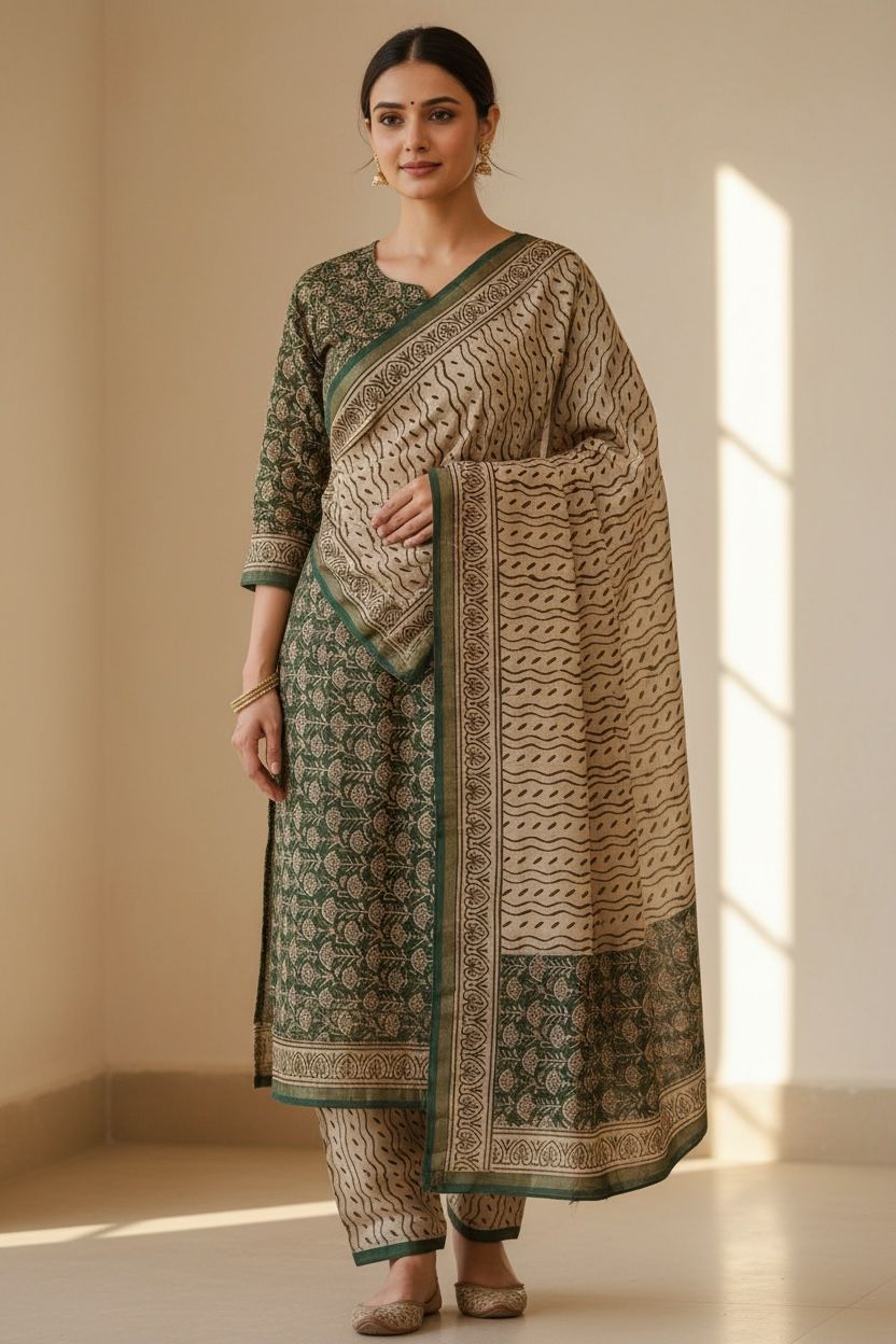 Soft beige / natural ivory-Hand Block Printed Chanderi Silk Suit Fabric (3‑Piece Set)