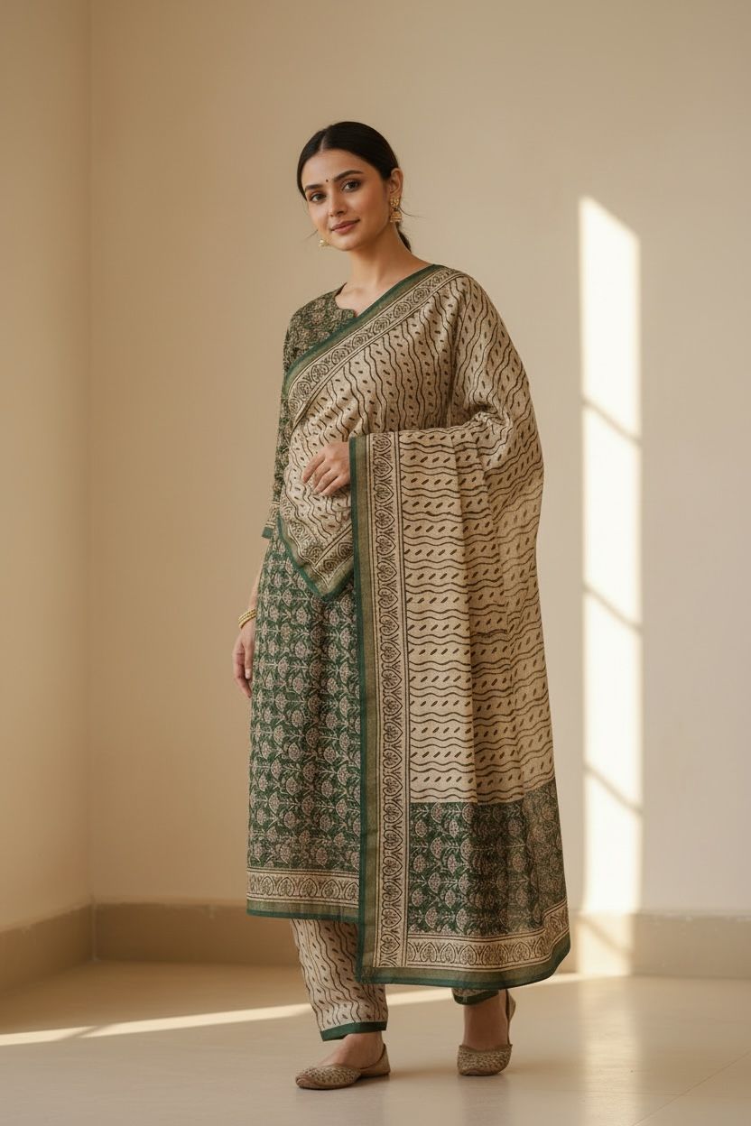Soft beige / natural ivory-Hand Block Printed Chanderi Silk Suit Fabric (3‑Piece Set)