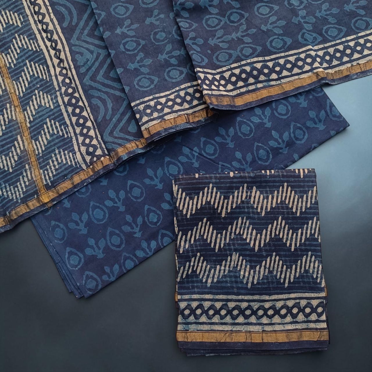 Indigo Blue / Deep Navy Hand Block Printed Chanderi Silk Suit 3 Piece Set – Fabric Only (Unstitched)