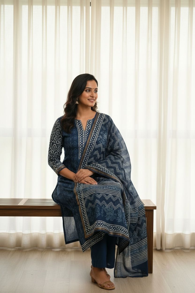 Indigo Blue / Deep Navy Hand Block Printed Chanderi Silk Suit 3 Piece Set – Fabric Only (Unstitched)