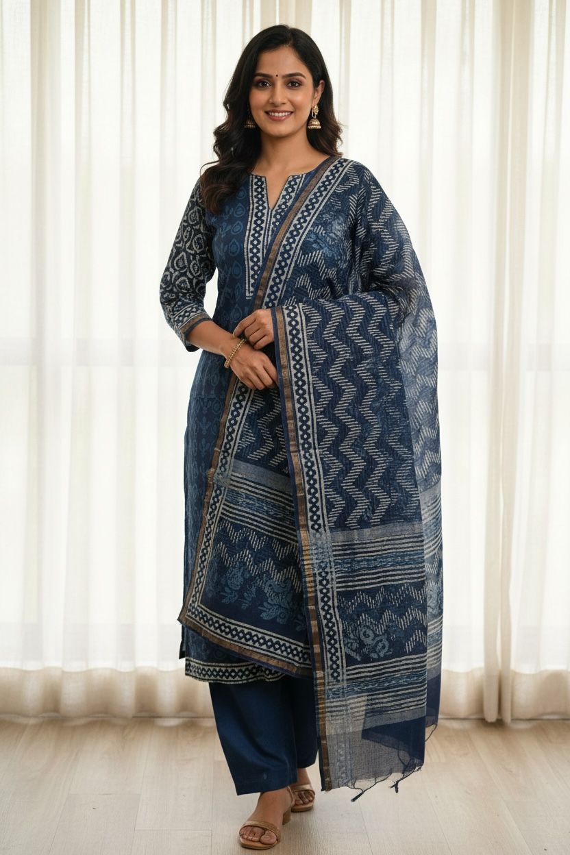 Indigo Blue / Deep Navy Hand Block Printed Chanderi Silk Suit 3 Piece Set – Fabric Only (Unstitched)
