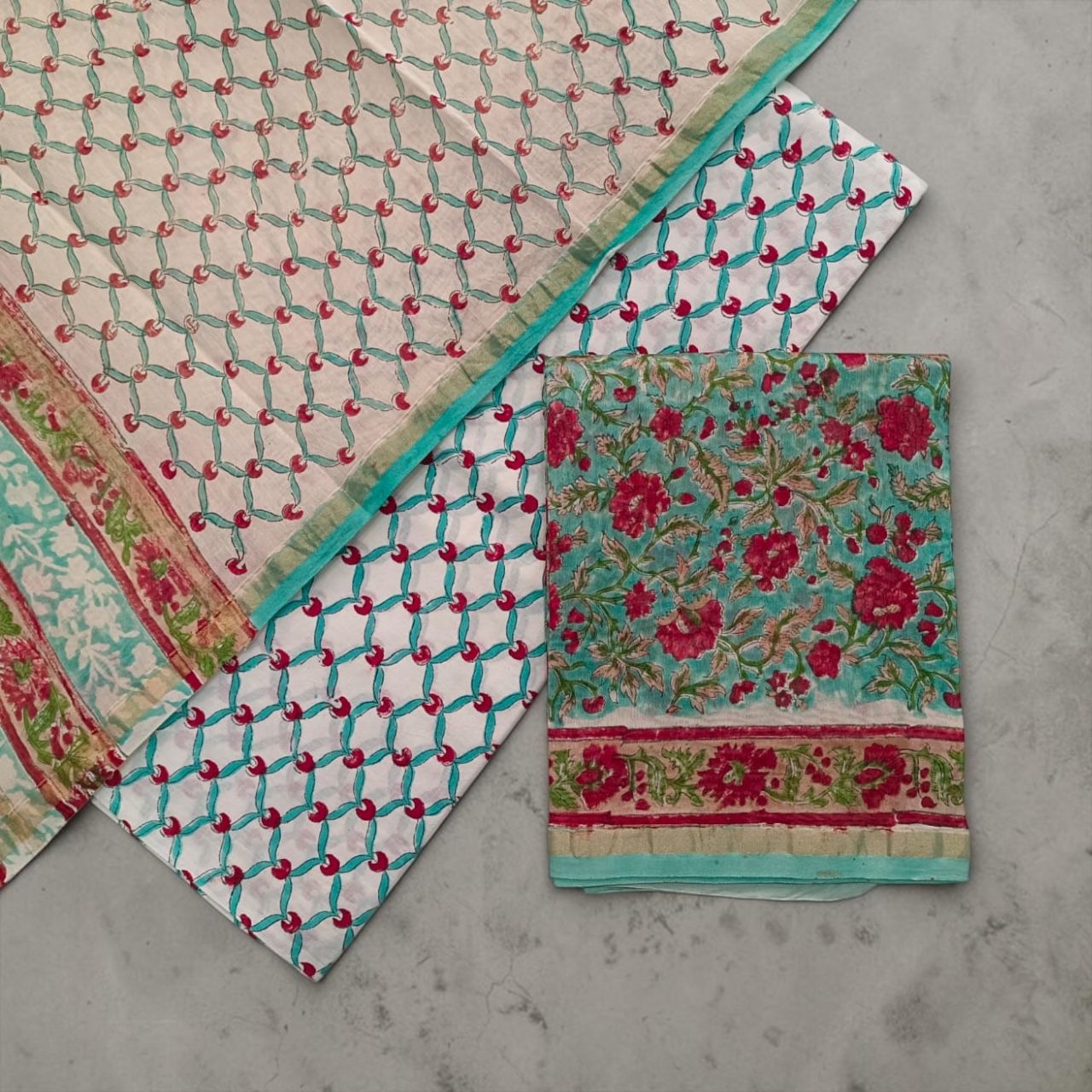 (Soft ivory / off‑white and aqua green)3‑Piece Hand Block Printed Chanderi Silk Suit Fabric only