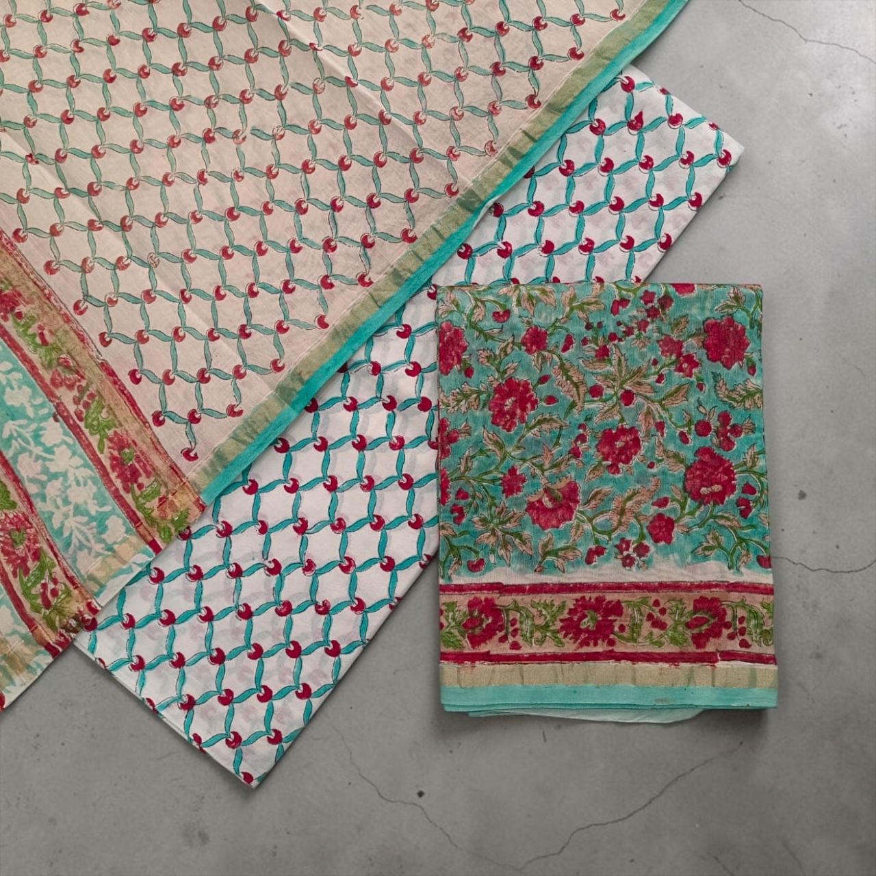 (Soft ivory / off‑white and aqua green)3‑Piece Hand Block Printed Chanderi Silk Suit Fabric only