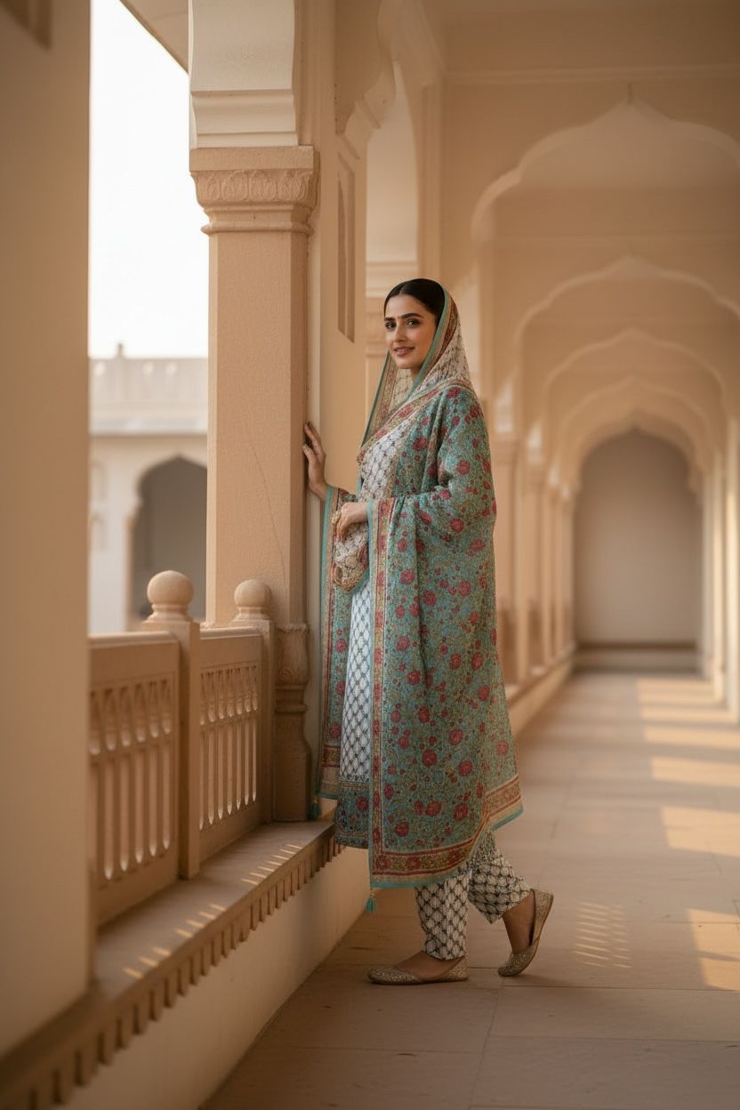 (Soft ivory / off‑white and aqua green)3‑Piece Hand Block Printed Chanderi Silk Suit Fabric only