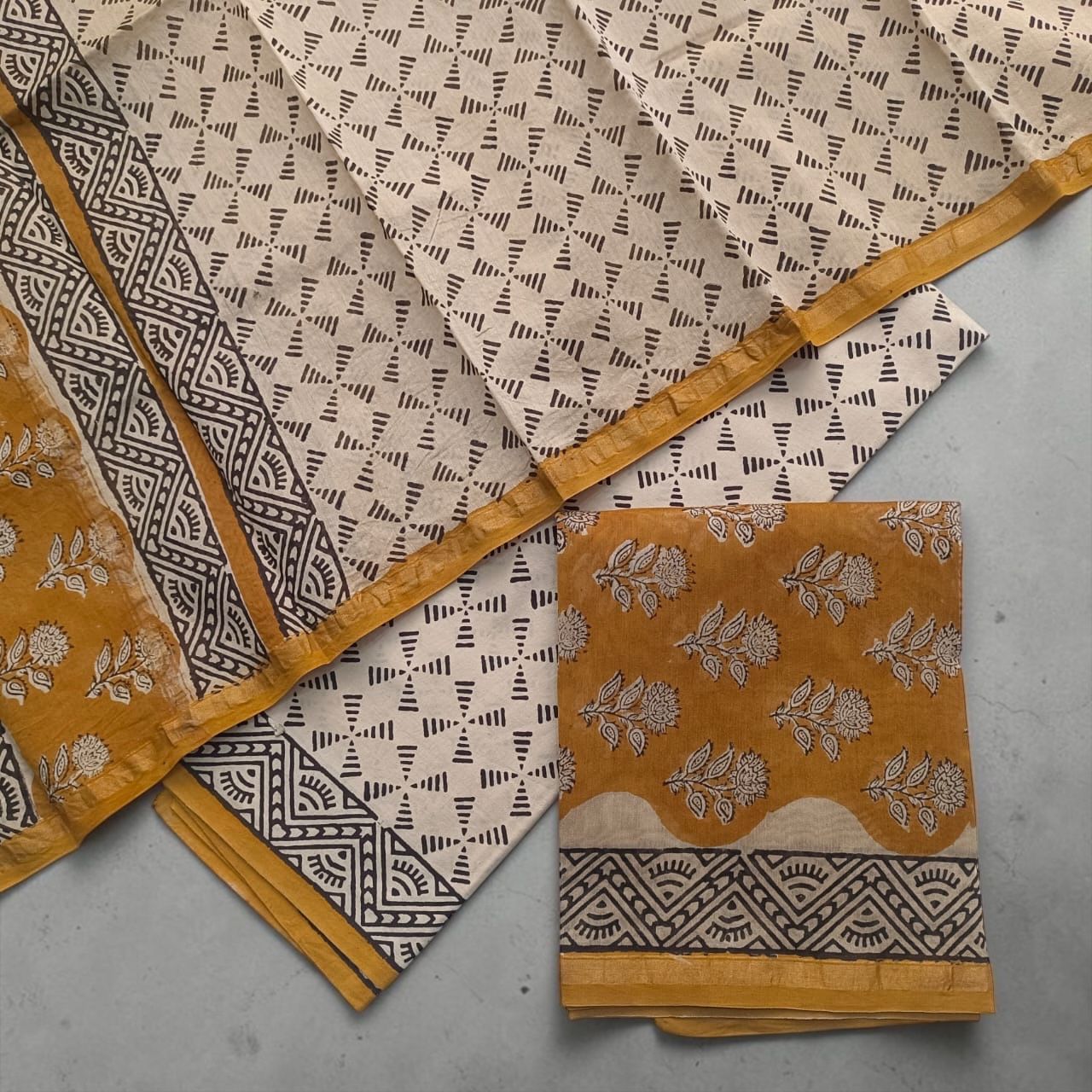 (Soft Beige / Cream) Block Printed Chanderi Silk Suit – 3 Piece (Fabric Only)