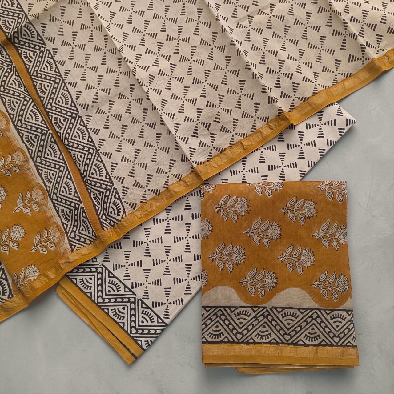 (Soft Beige / Cream) Block Printed Chanderi Silk Suit – 3 Piece (Fabric Only)