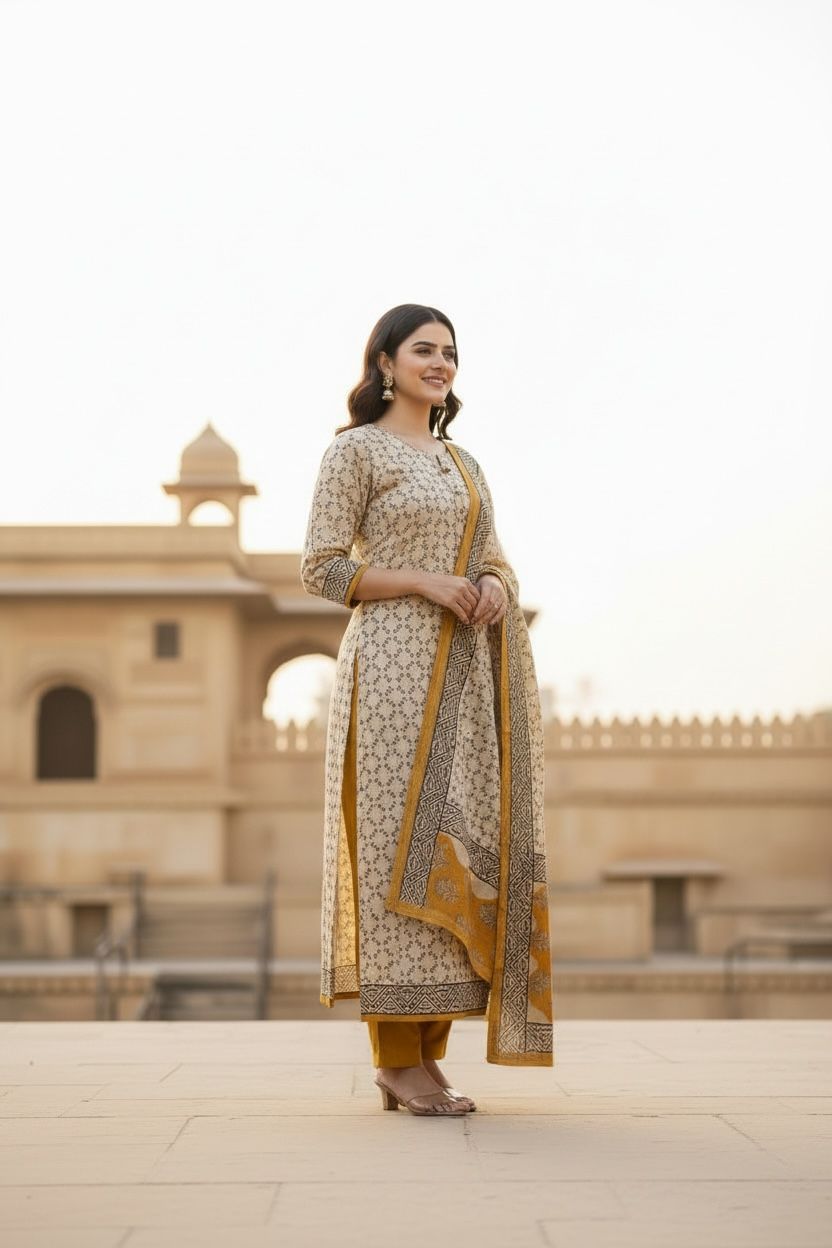 (Soft Beige / Cream) Block Printed Chanderi Silk Suit – 3 Piece (Fabric Only)