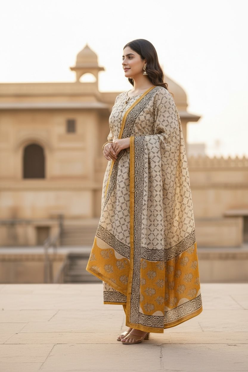 (Soft Beige / Cream) Block Printed Chanderi Silk Suit – 3 Piece (Fabric Only)