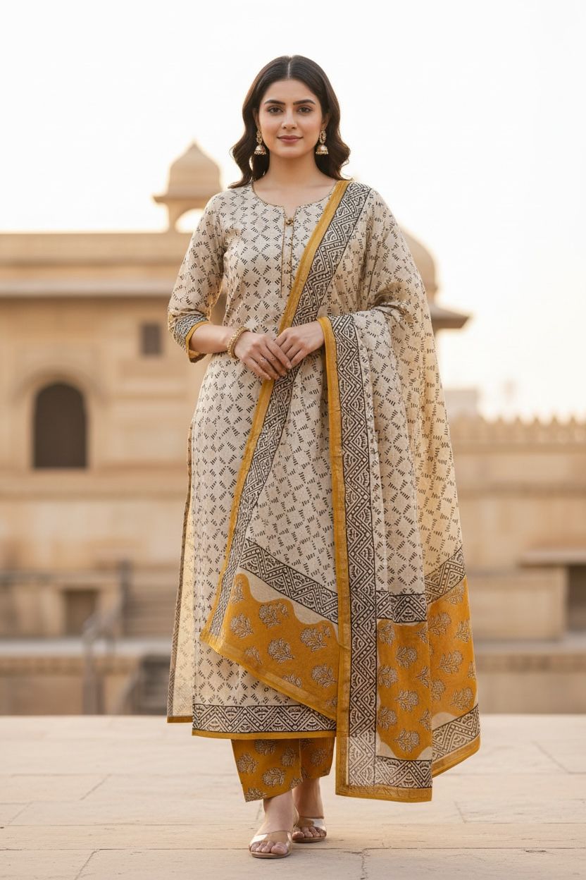 (Soft Beige / Cream) Block Printed Chanderi Silk Suit – 3 Piece (Fabric Only)