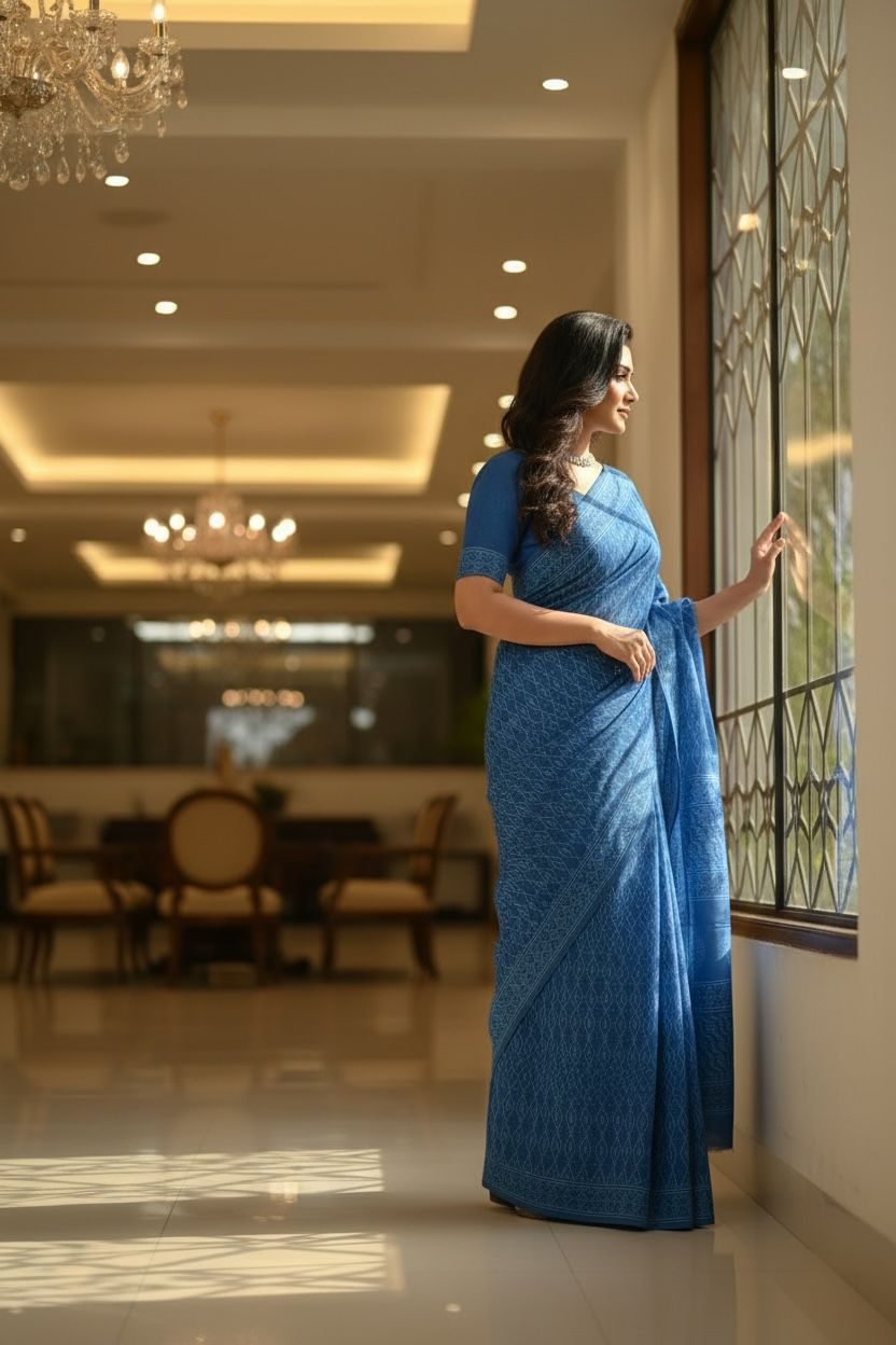 Classic Blue Elegant Printed Cotton Saree