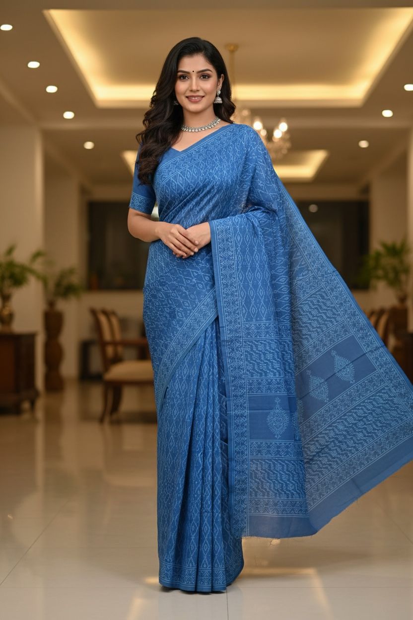Classic Blue Elegant Printed Cotton Saree