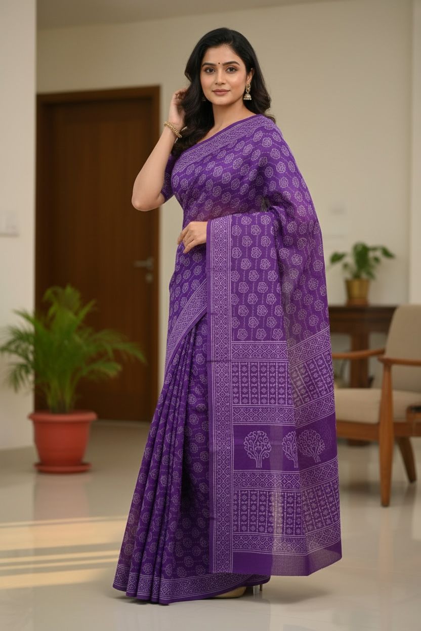🌸 Purple Printed Cotton Saree