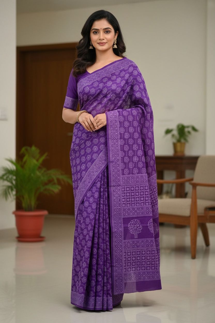 🌸 Purple Printed Cotton Saree