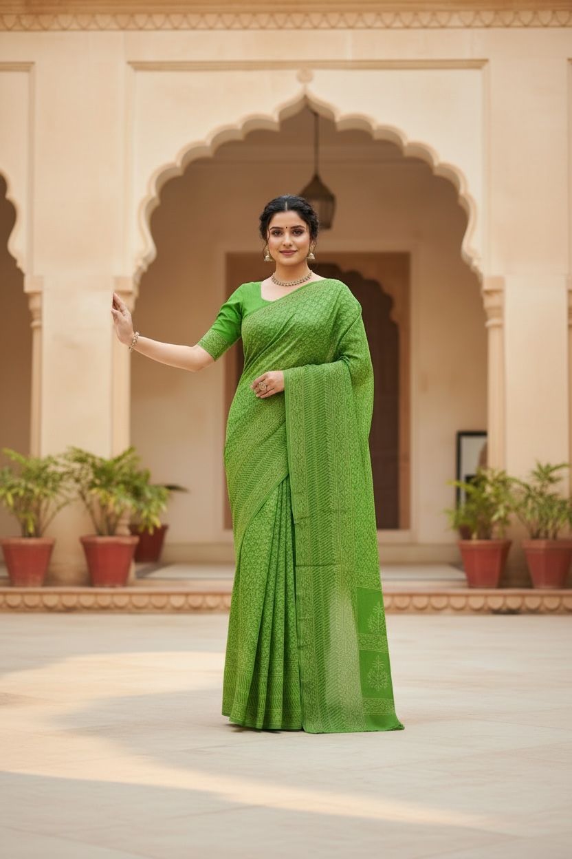 🌿 Green Printed Cotton Saree