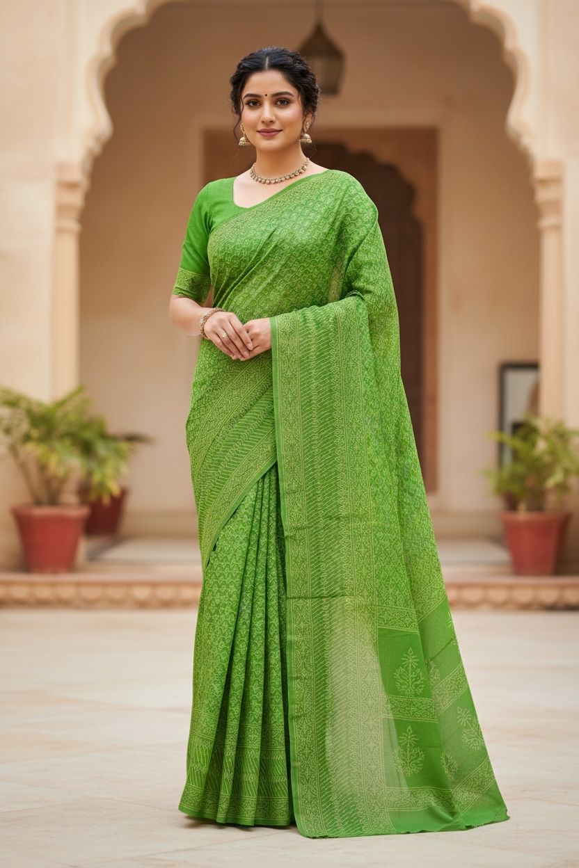 🌿 Green Printed Cotton Saree