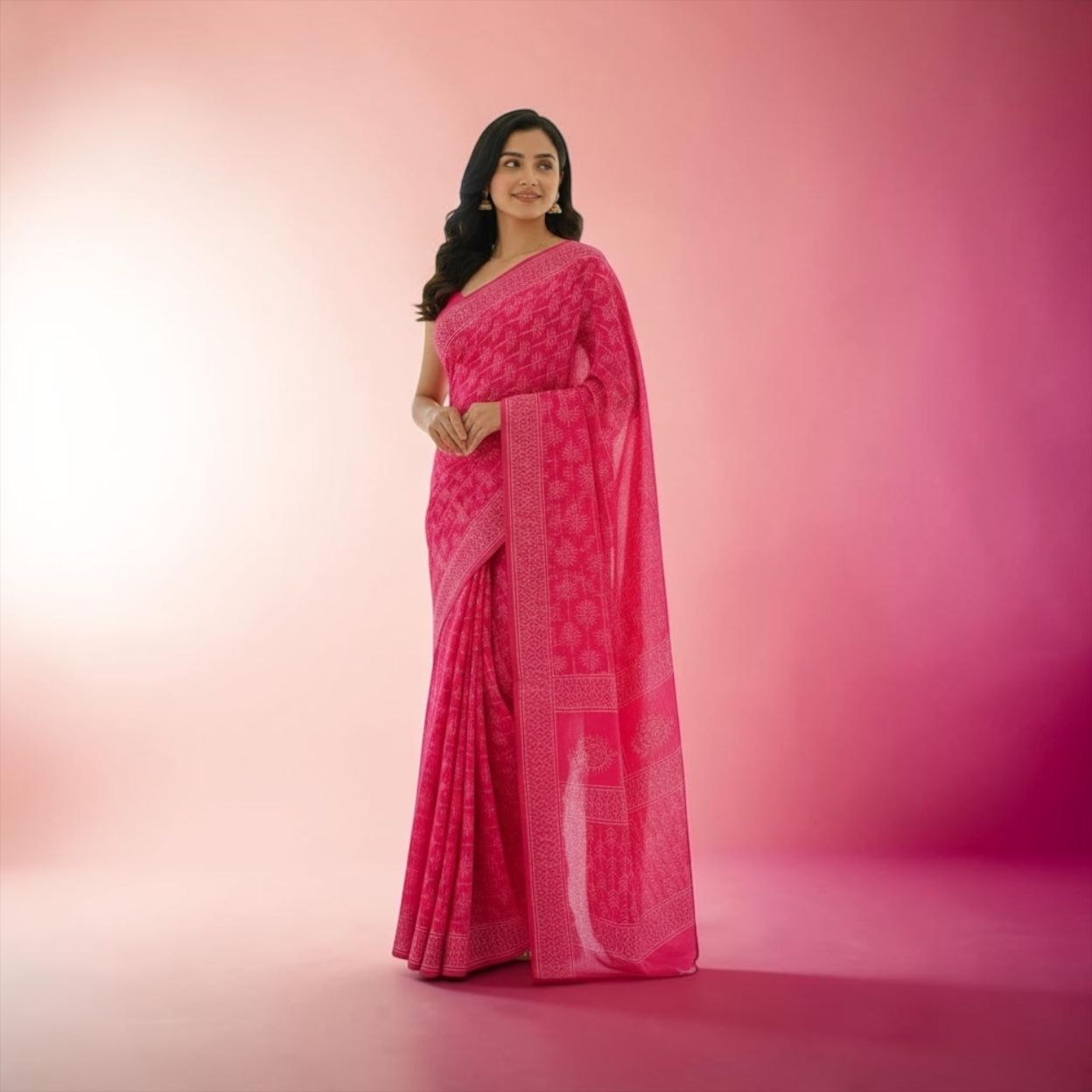 🌸 Pink Printed Cotton Saree
