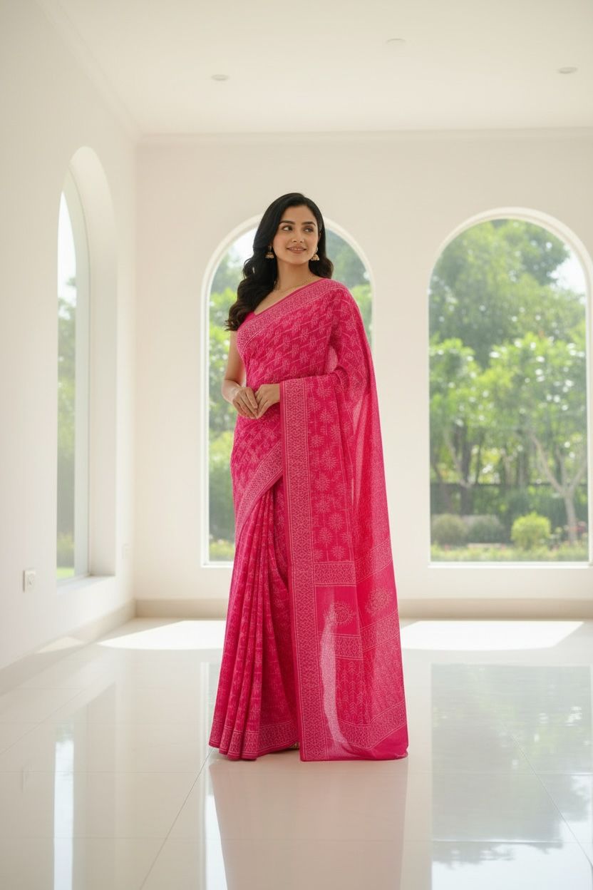 🌸 Pink Printed Cotton Saree