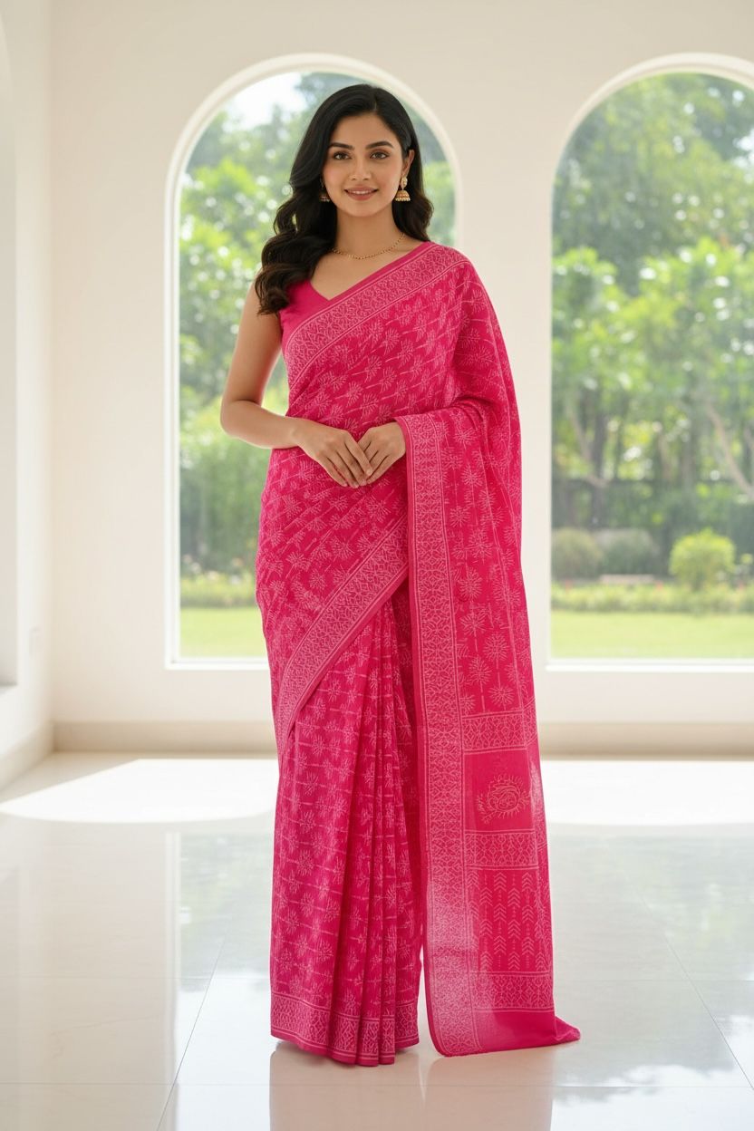 🌸 Pink Printed Cotton Saree