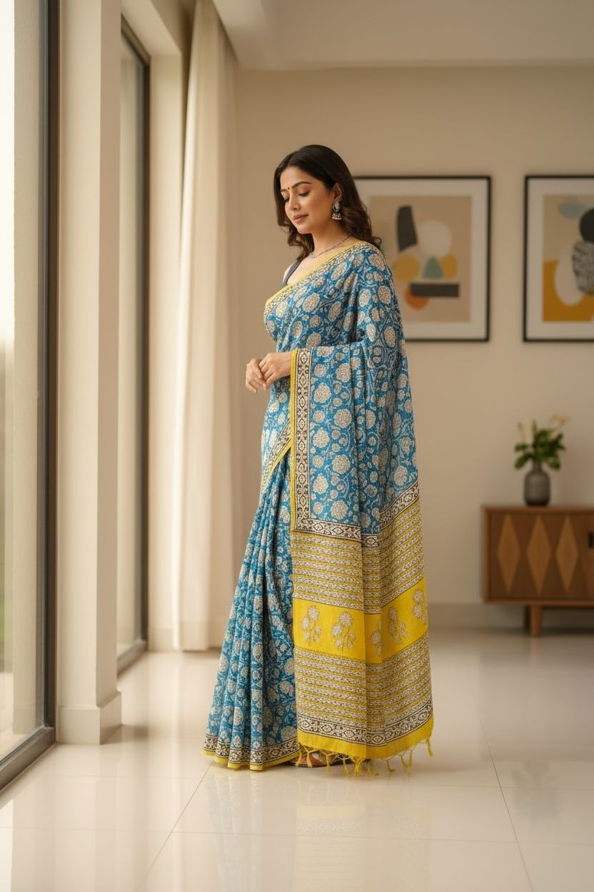 💠 Blue & Yellow Printed Cotton Saree