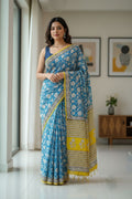 💠 Blue & Yellow Printed Cotton Saree