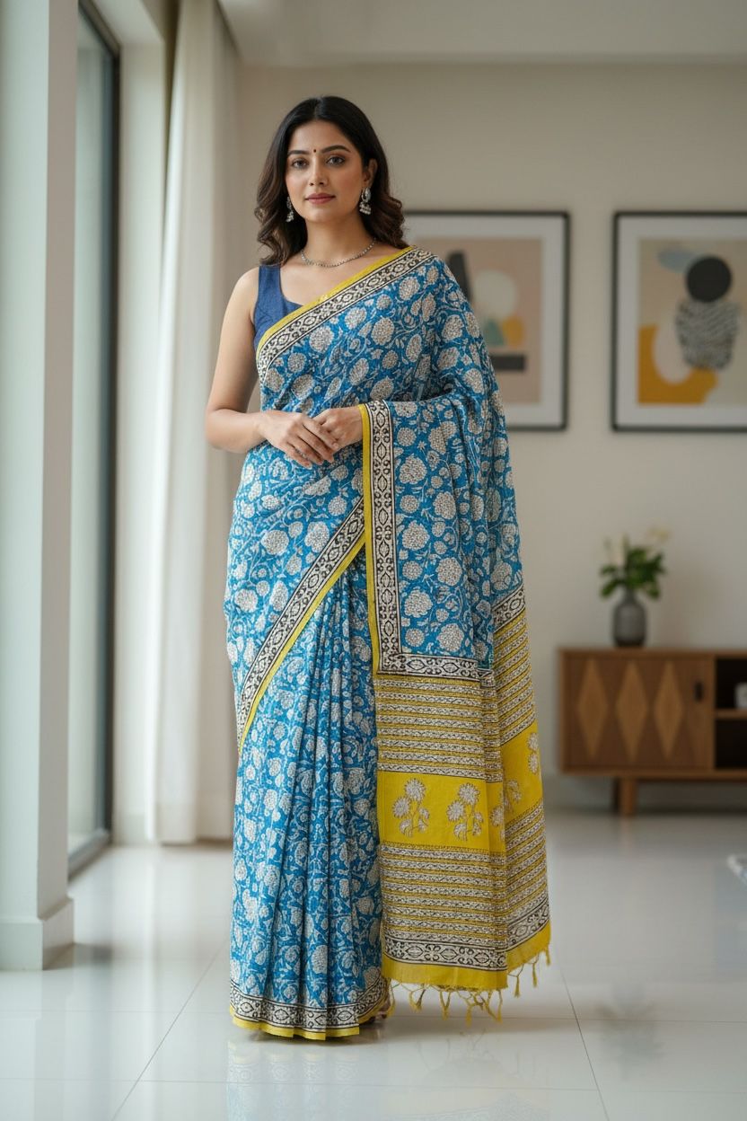 💠 Blue & Yellow Printed Cotton Saree