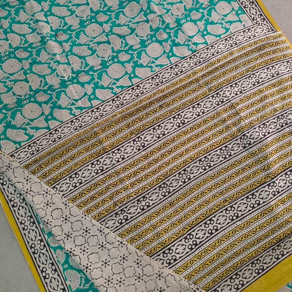 🌿 Teal Green Printed Cotton Saree with Yellow Border