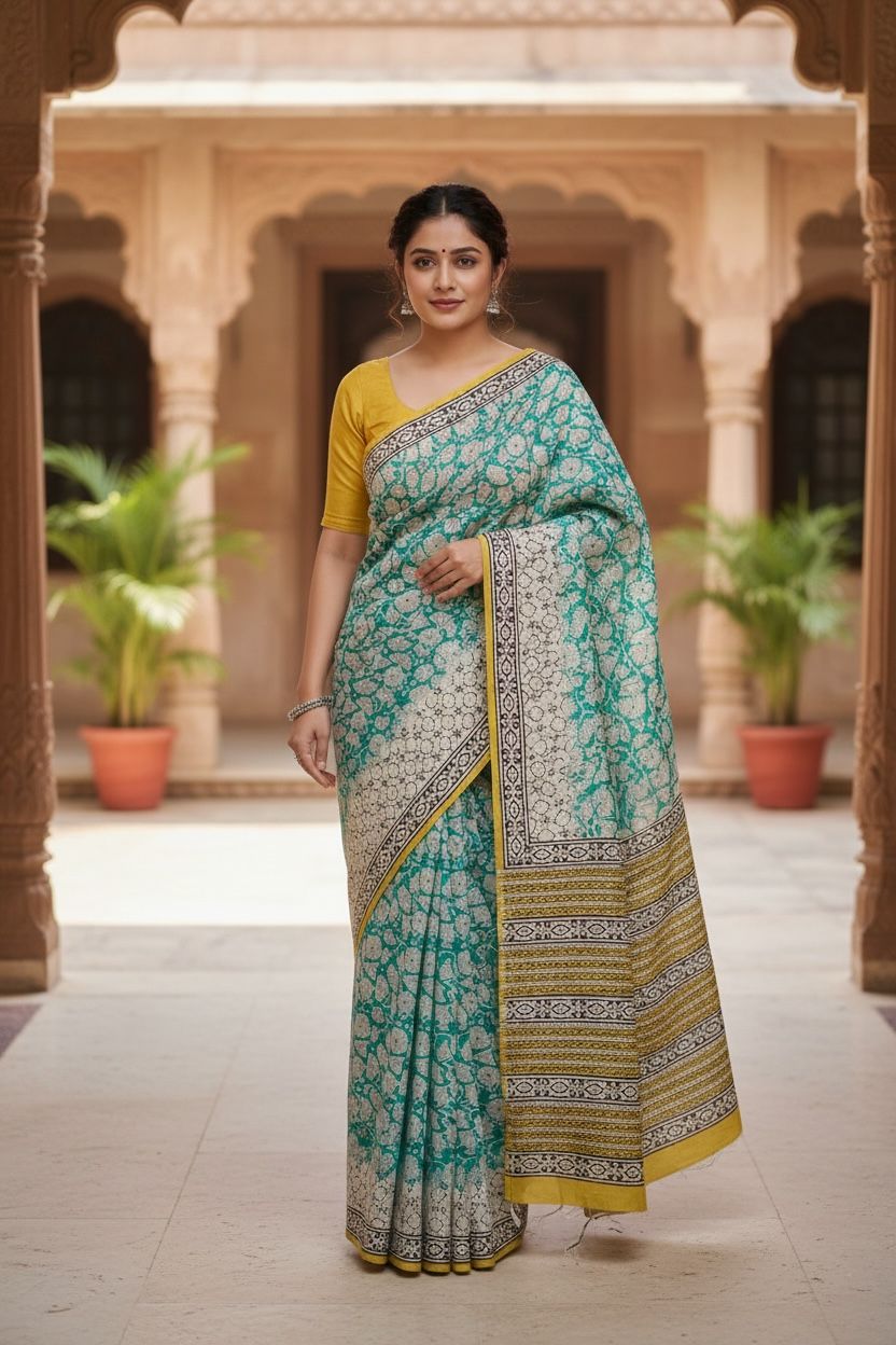 🌿 Teal Green Printed Cotton Saree with Yellow Border