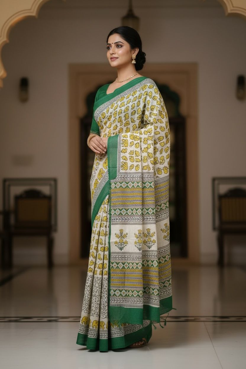 🌼 Printed Cotton Saree with Yellow Floral Motifs