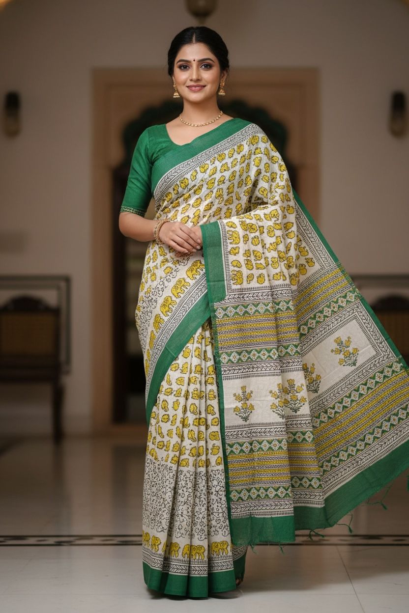 🌼 Printed Cotton Saree with Yellow Floral Motifs
