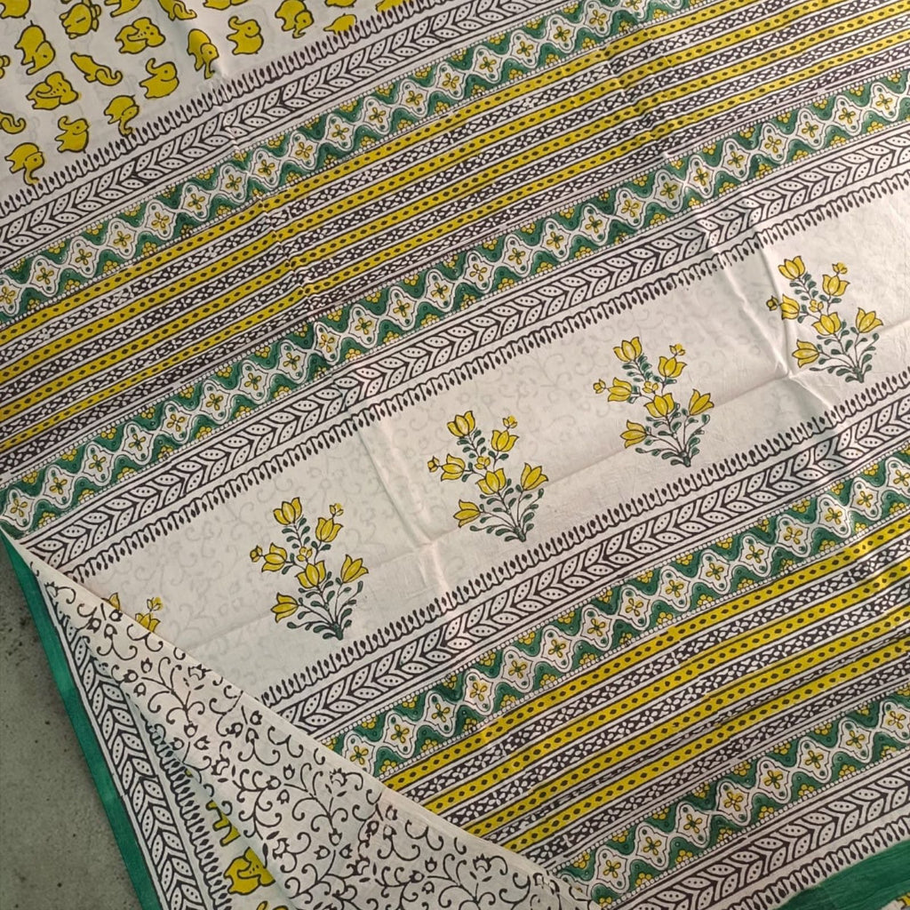 🌼 Printed Cotton Saree with Yellow Floral Motifs