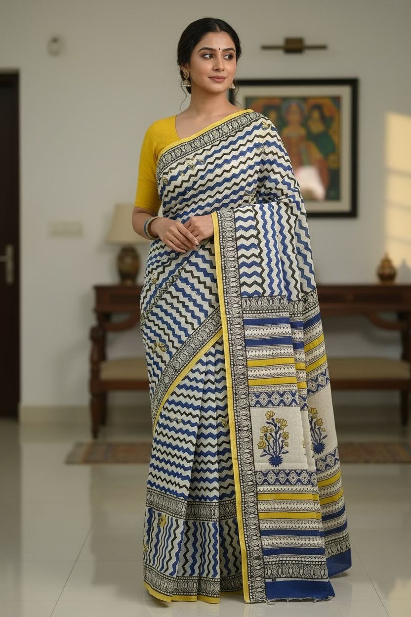 🌼 Dark Blue & Yellow Printed Cotton Saree