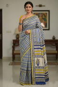 🌼 Dark Blue & Yellow Printed Cotton Saree