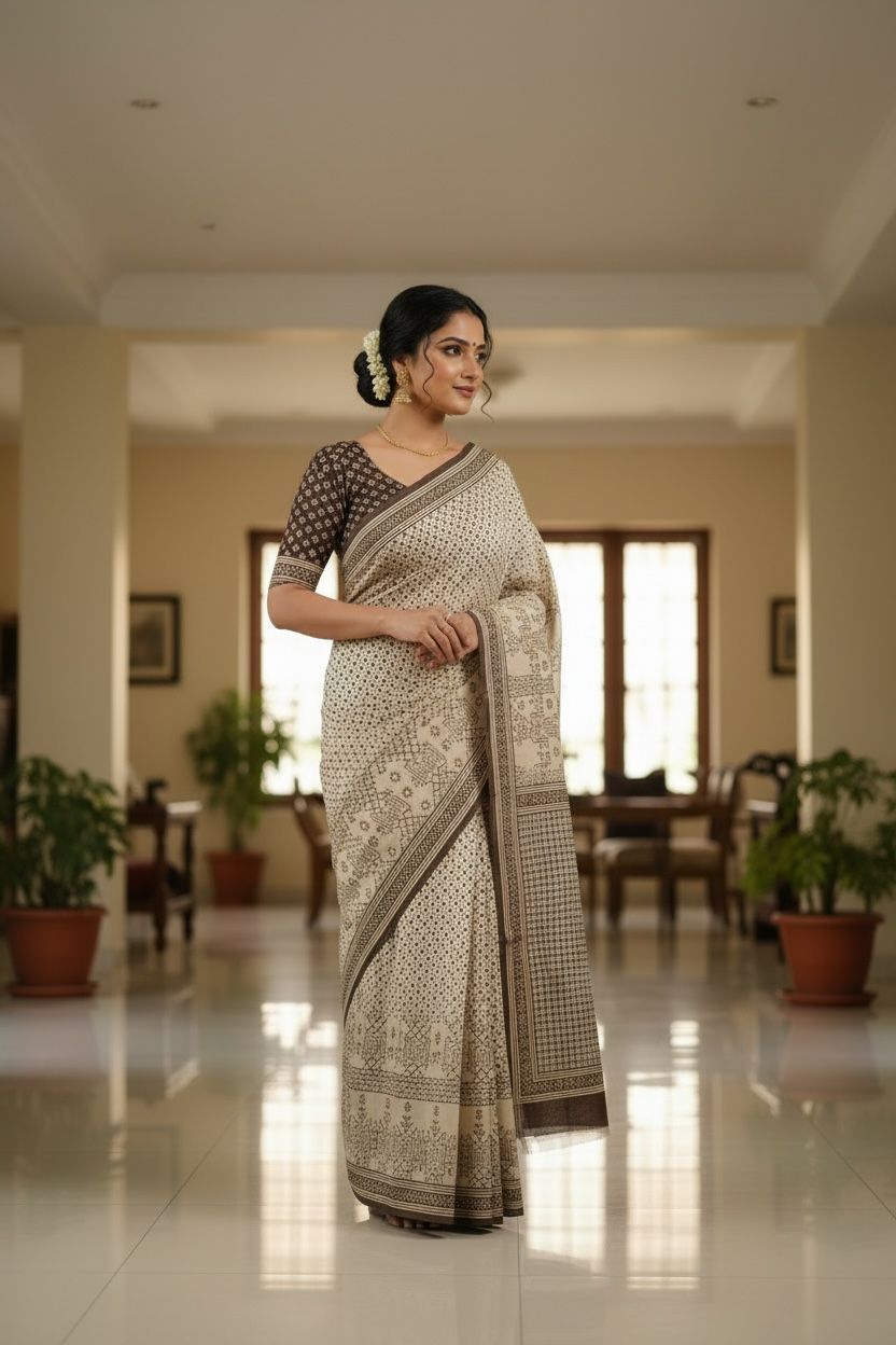 🌿 Beige & Brown Printed Cotton Saree