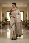 🌿 Beige & Brown Printed Cotton Saree