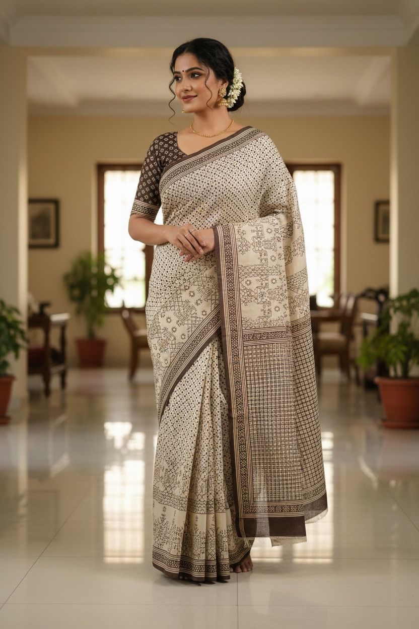 🌿 Beige & Brown Printed Cotton Saree