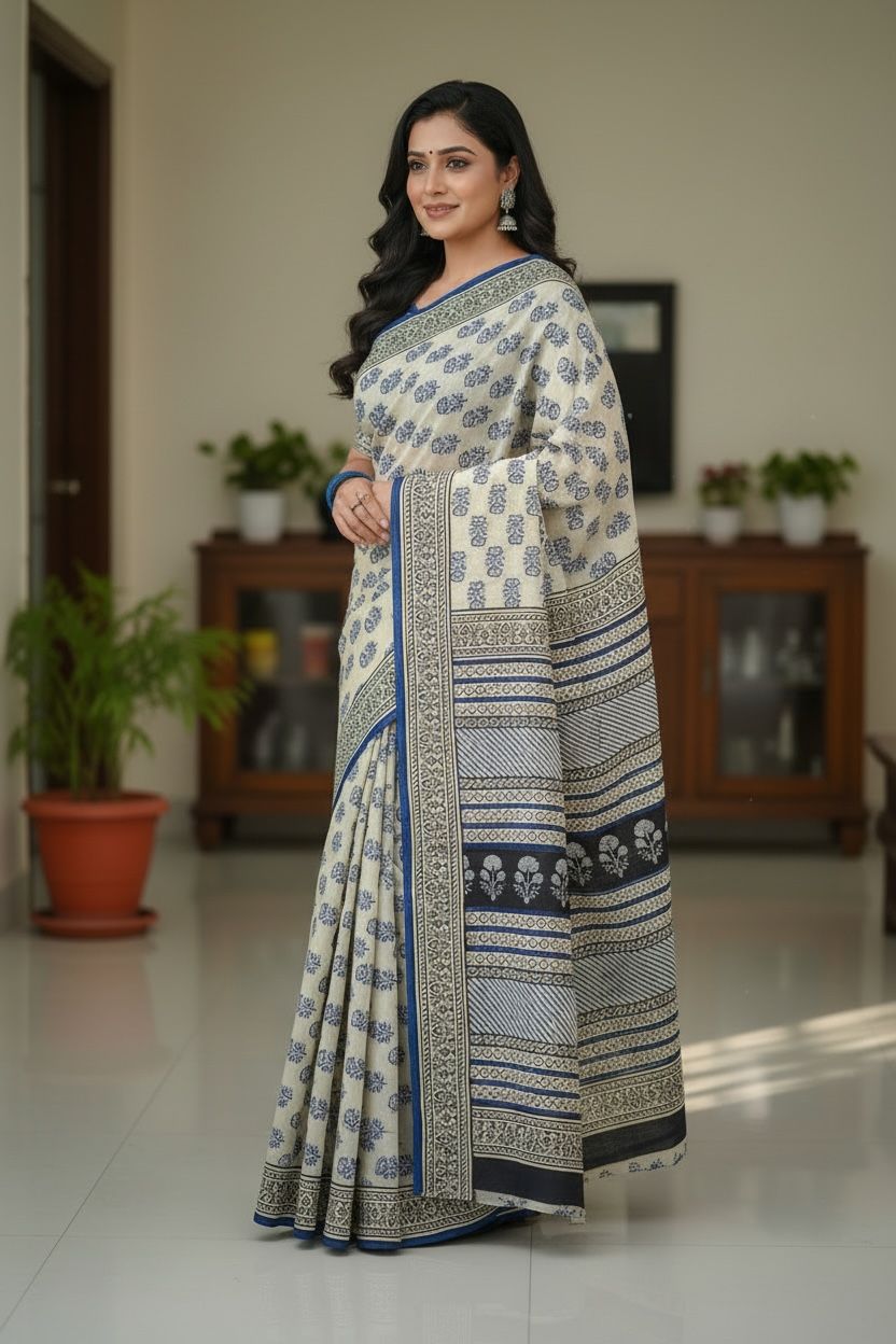 🌿 Ivory & Blue Printed Cotton Saree
