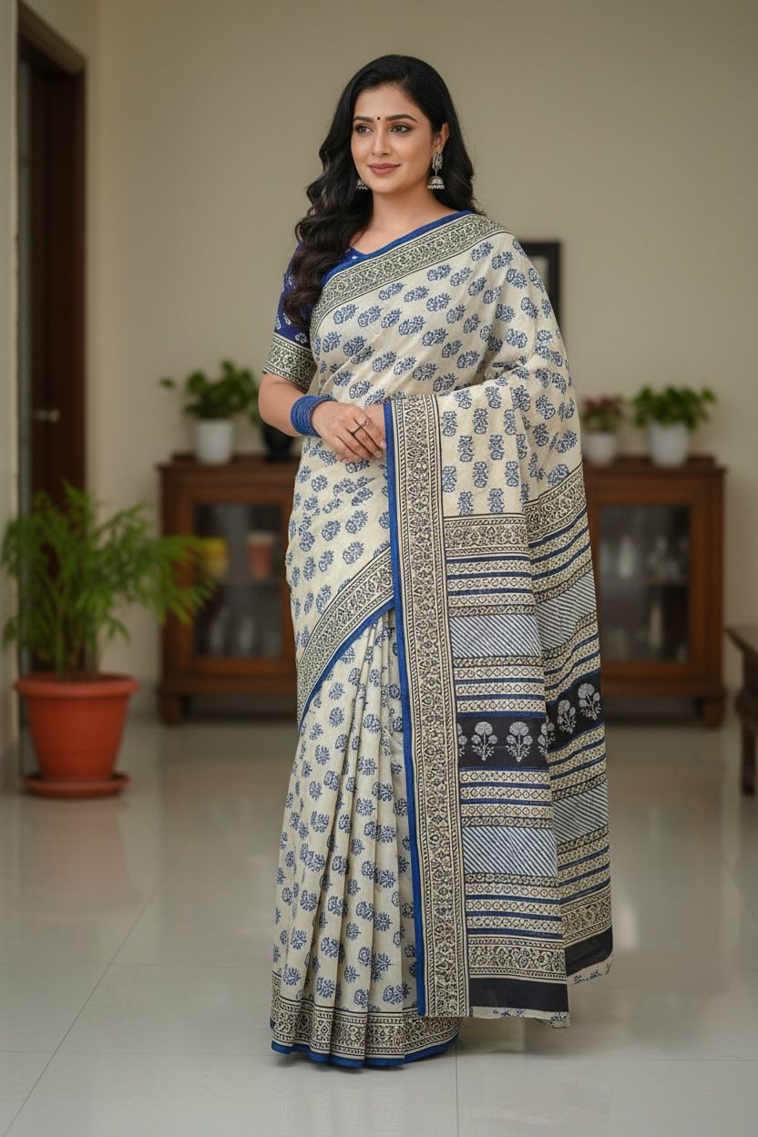 🌿 Ivory & Blue Printed Cotton Saree